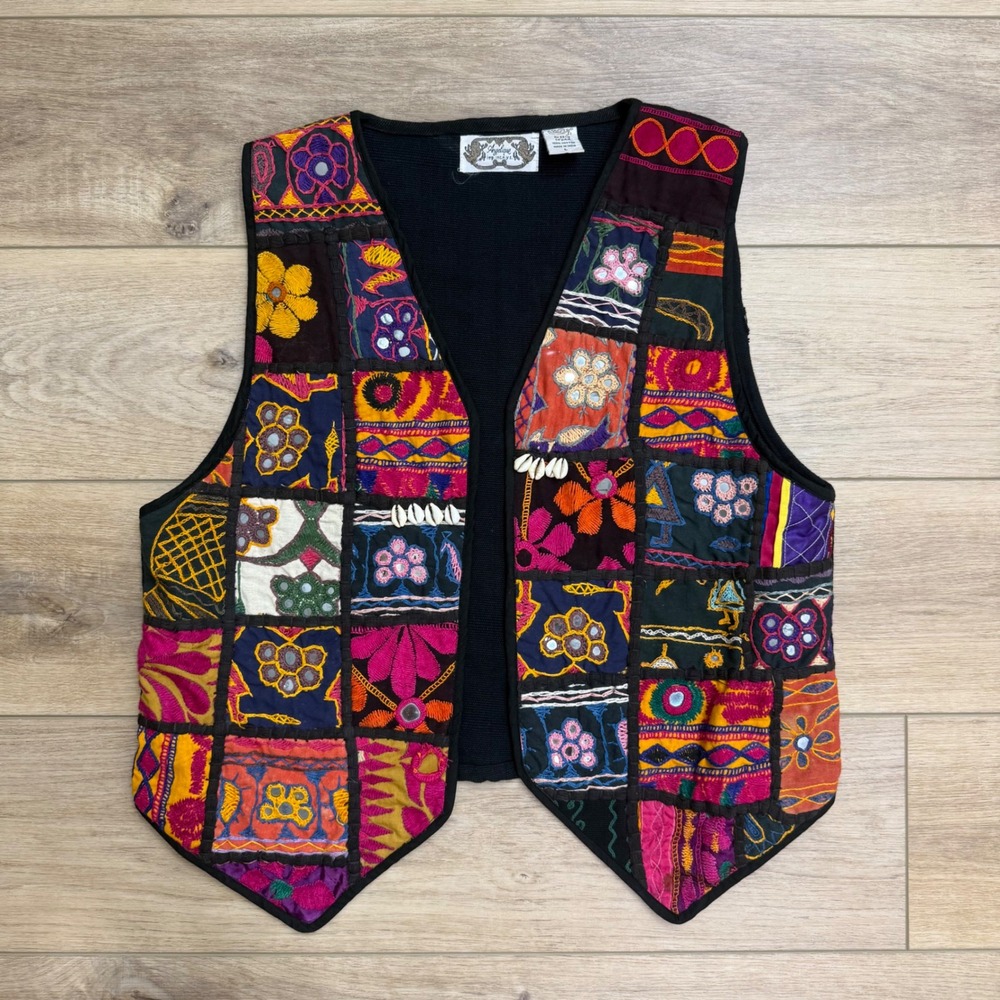Angelique Vintage Patchwork Embroidered Mirrors Artsy Vest Black Boho Large